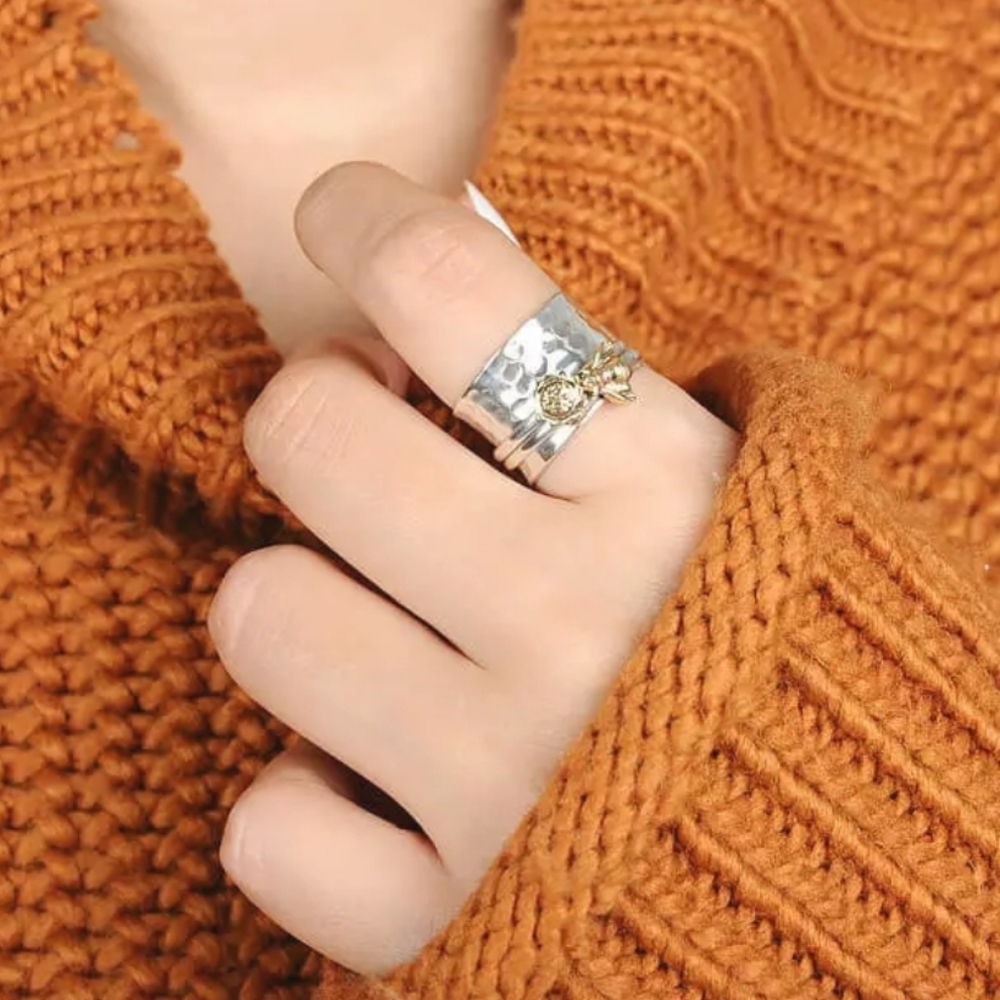 COPY - Sunflower Bee Ring Sterling Silver Nature Wide Band